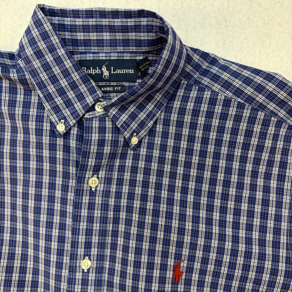 POLO Ralph Lauren Classic Fit Blue Plaid Button Down Size 15/Medium Long Sleeve